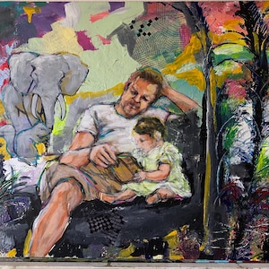 May include: An abstract painting showing a man and child reading, with an elephant and jungle foliage in the background. The artwork uses a vibrant palette of colours, including green, yellow, and red, creating a lively and expressive scene.
