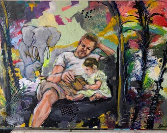 Father Daughter Mixed Media Painting – Acrylic on Board, Emotional Wall Art