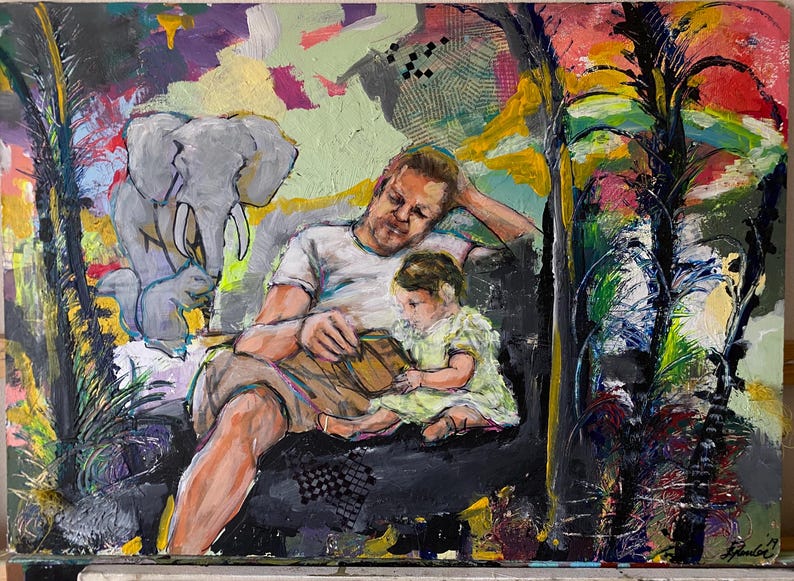 May include: An abstract painting showing a man and child reading, with an elephant and jungle foliage in the background. The artwork uses a vibrant palette of colours, including green, yellow, and red, creating a lively and expressive scene.