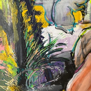May include: Abstract artwork with a dynamic colour palette. The painting incorporates yellow, black, green, and purple tones. The brushwork creates a textured surface, with visible layers of paint. The composition includes organic shapes, possibly suggesting a natural or landscape theme.