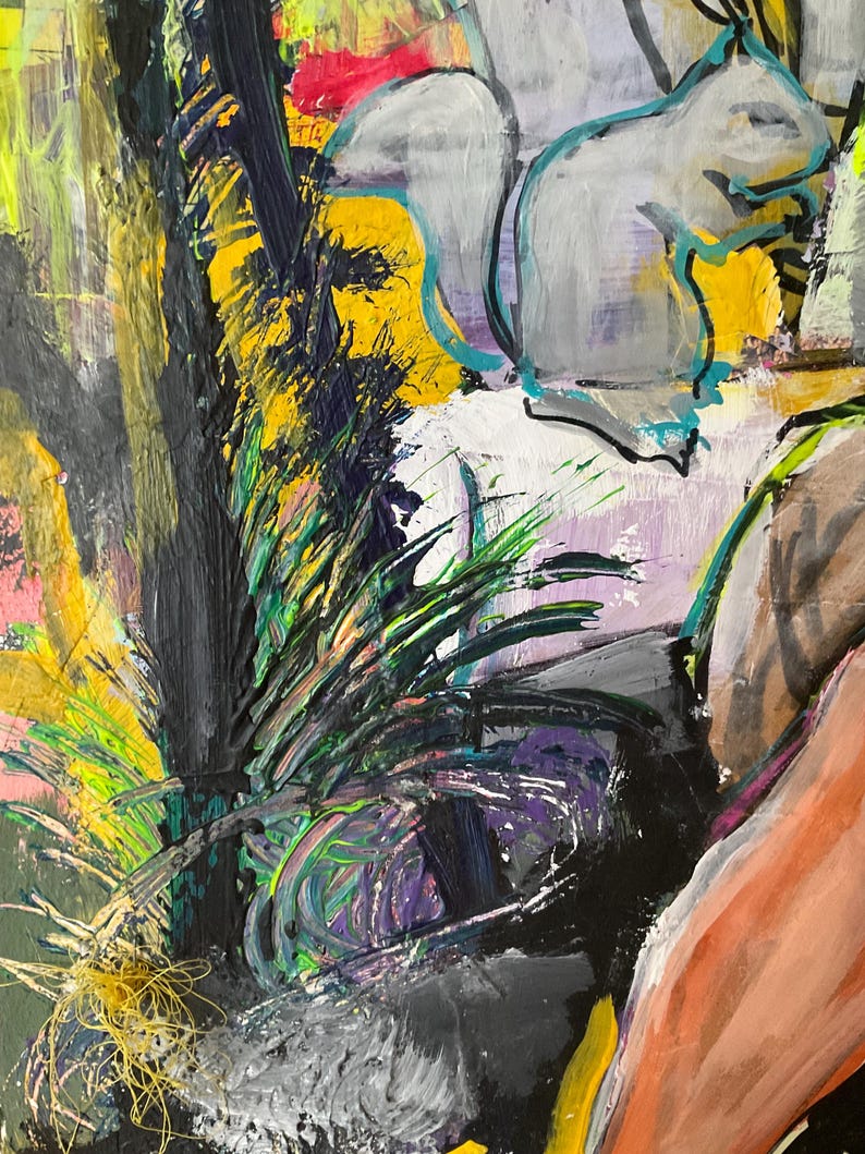 May include: Abstract artwork with a dynamic colour palette. The painting incorporates yellow, black, green, and purple tones. The brushwork creates a textured surface, with visible layers of paint. The composition includes organic shapes, possibly suggesting a natural or landscape theme.