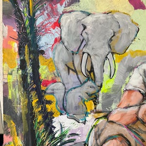 May include: An abstract painting depicting an elephant and a squirrel in a colourful jungle scene. The artwork uses grey, yellow, green, and purple. The elephant is the main subject, with the squirrel positioned beneath it.