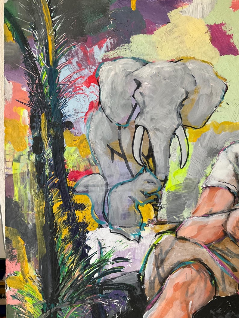 May include: An abstract painting depicting an elephant and a squirrel in a colourful jungle scene. The artwork uses grey, yellow, green, and purple. The elephant is the main subject, with the squirrel positioned beneath it.