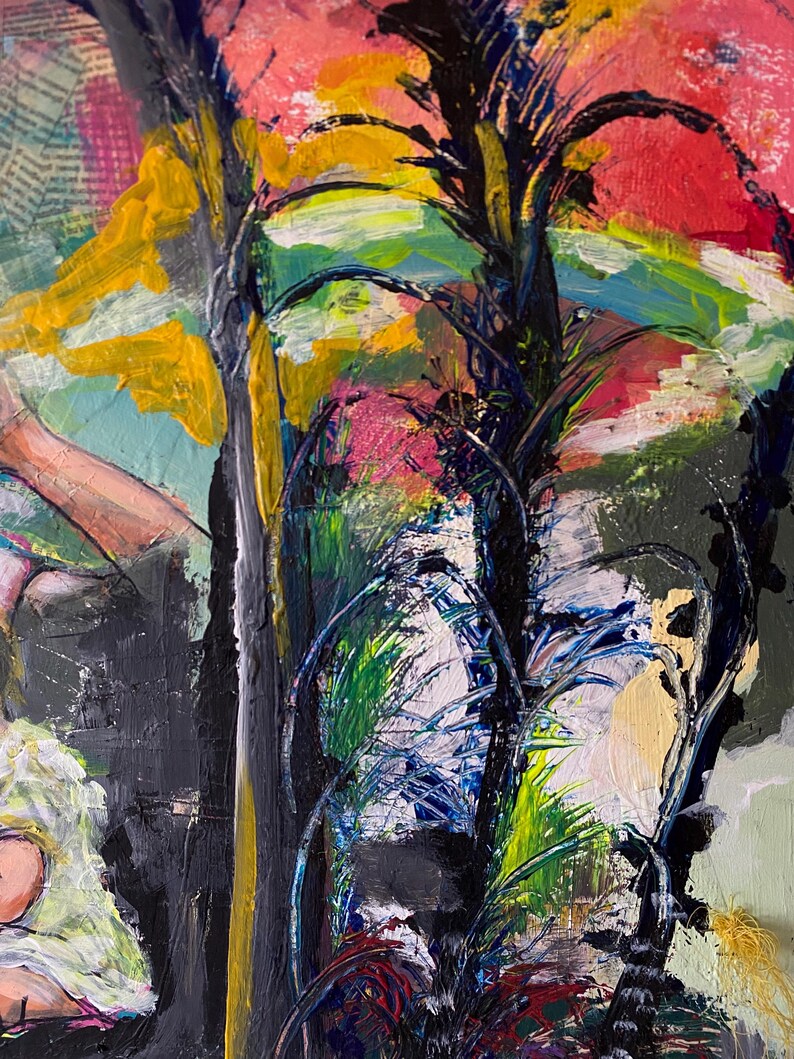 May include: Abstract painting with a vibrant mix of colors. The artwork features bold brushstrokes in shades of yellow, pink, red, and blue, with black and white accents. The composition suggests a landscape or botanical theme.