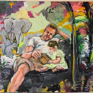 May include: An abstract painting showing a man and a child reading a book, with an elephant and squirrel in the background. The artwork uses a vibrant colour palette with brushstrokes and textures, creating a whimsical and expressive scene.