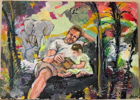 Father Daughter Mixed Media Painting – Acrylic on Board, Emotional Wall Art