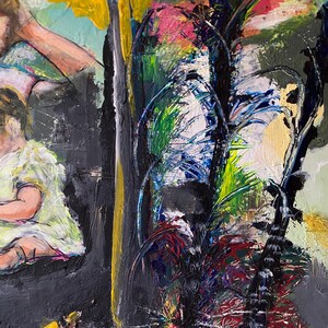 May include: Abstract artwork with a rich palette of colours. The painting showcases a dark, textured backdrop with bold strokes of yellow, green, red, and blue. The composition incorporates organic forms, producing a dynamic visual effect and a sense of depth.