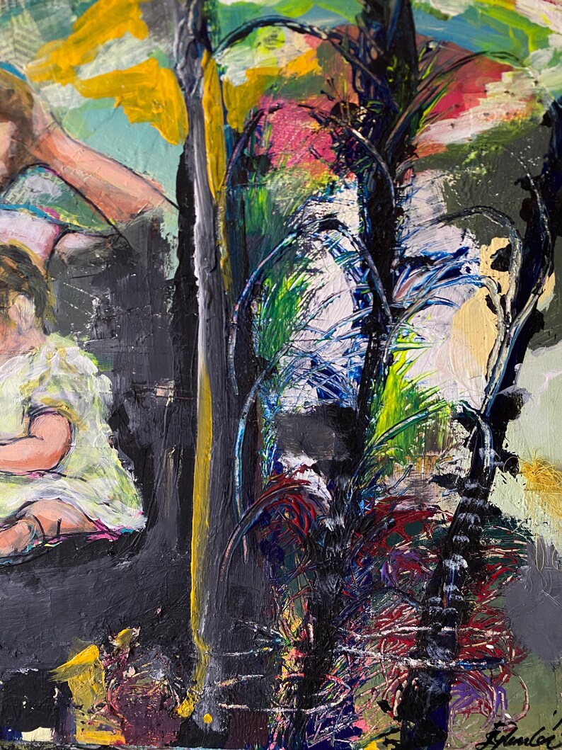 May include: Abstract artwork with a rich palette of colours. The painting showcases a dark, textured backdrop with bold strokes of yellow, green, red, and blue. The composition incorporates organic forms, producing a dynamic visual effect and a sense of depth.