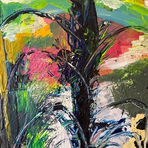 May include: Abstract artwork with a vivid colour scheme. The painting depicts a central dark, tree-like form with curved branches, set against a background of pink, red, yellow, and green brushstrokes. The painting has a textured, layered appearance.