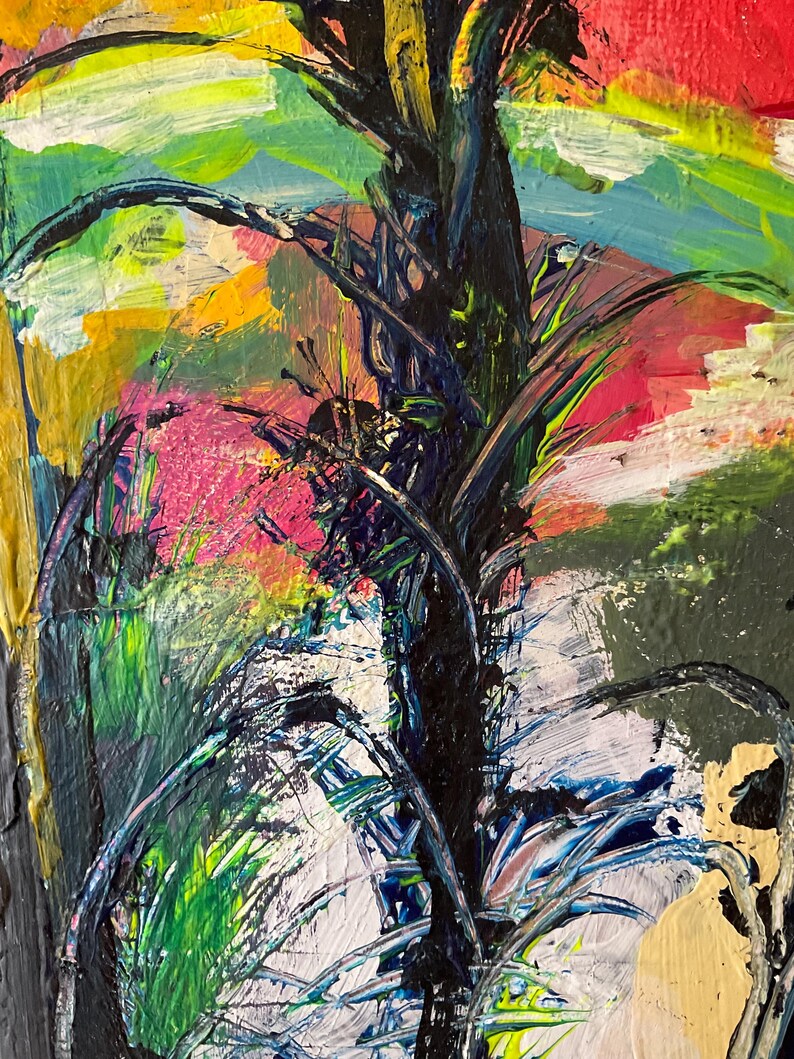 May include: Abstract artwork with a vivid colour scheme. The painting depicts a central dark, tree-like form with curved branches, set against a background of pink, red, yellow, and green brushstrokes. The painting has a textured, layered appearance.