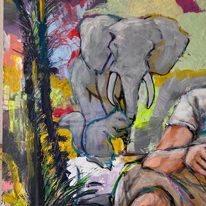 May include: An abstract painting depicting a grey elephant and a squirrel. The artwork uses a vibrant palette of colours, including yellow, green, purple, and red. The style is expressive, with visible brushstrokes and a textured appearance.