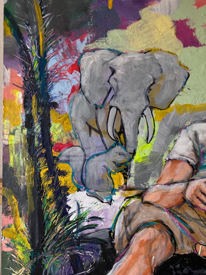 May include: An abstract painting depicting a grey elephant and a squirrel. The artwork uses a vibrant palette of colours, including yellow, green, purple, and red. The style is expressive, with visible brushstrokes and a textured appearance.