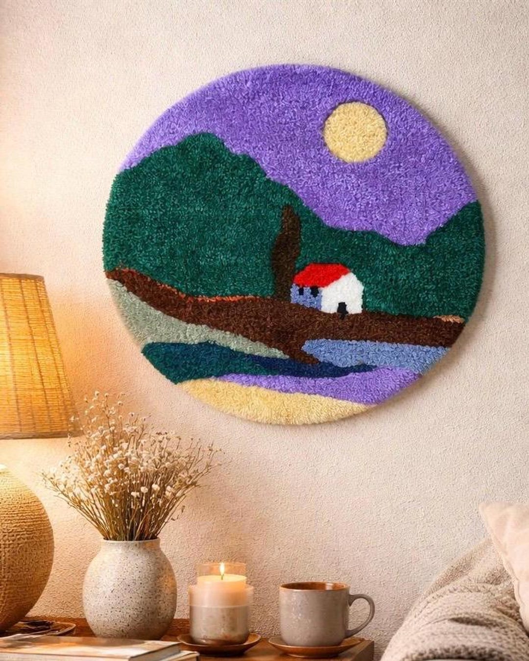 Handmade Tufted Landscape Wall Rug, Round Acrylic Wool Art - Etsy