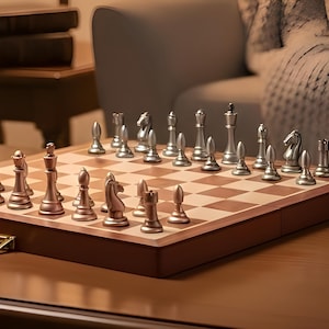 Metall Reiseschachset - Handgefertigtes Holzgehäuse, Innenausstattung Samt (29 cm)