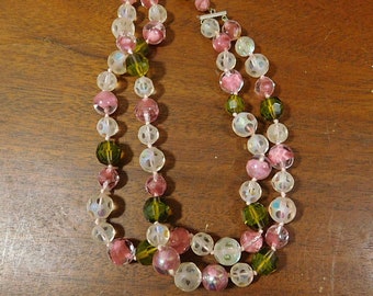 Vintage 50s  cut crystal necklace,pink and green 2 strand glass bead choker