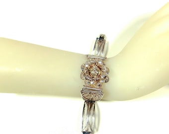 Vintage  antique Art Deco silver filigree bracelet with center flower .