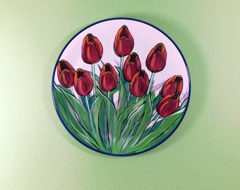 Vintage  hand made painted floral Tulips Pottery Plate, Raku Studio Pottery Plate ,Mickey Trina Cofer original  Wall plaque