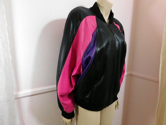 Vintage Colorful 80s Women's Leather bomber Jacke