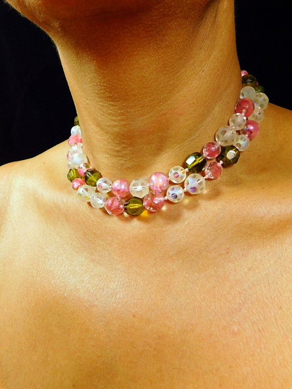 Vintage 50s  cut crystal necklace,pink and green … - image 3