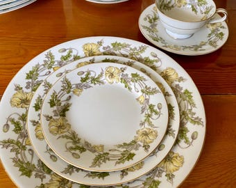 Vintage Noritake Wilshire China Set: Yellow Poppy Flowers, Gold
