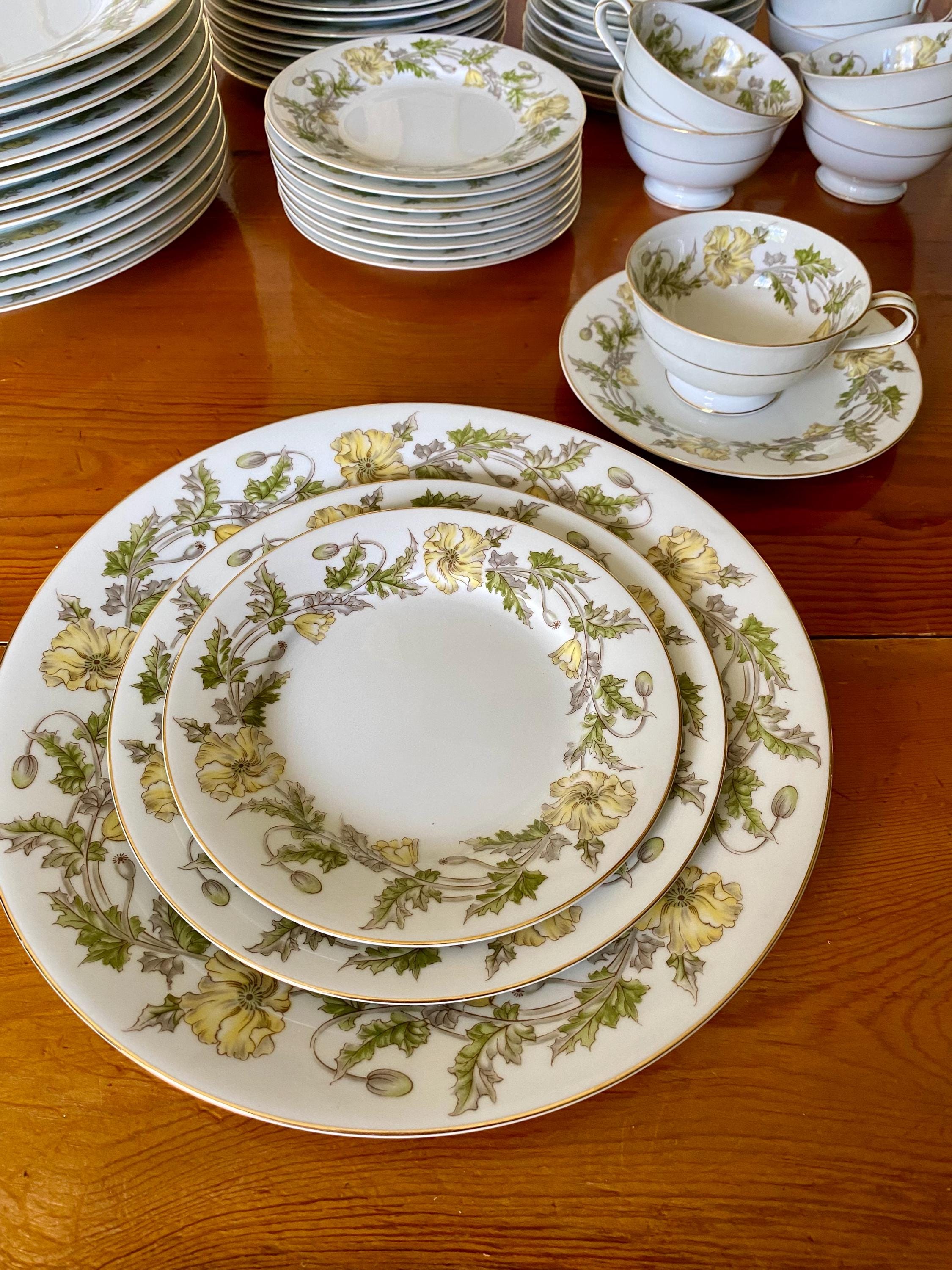 Vintage Noritake Wilshire China Set: Yellow Poppy Flowers, Gold