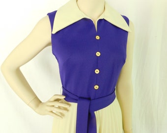 Vintage 70s , polyester sleeveless dress with pleated skirt, purple and cream day dress