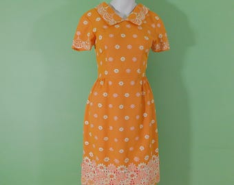 robe marguerite mod orange vintage des années 60, robe d'été rétro faite main