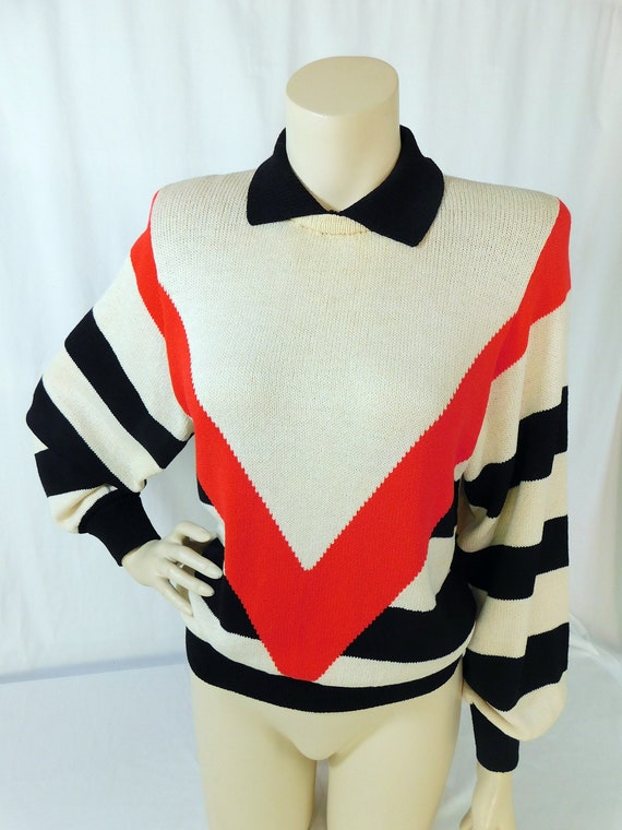 Vintage 80s cream red black pullover collared swea