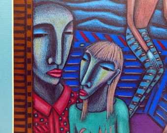 Vintage abstract modernist couple fishing colored pencil oil pastel  signed Vaughan