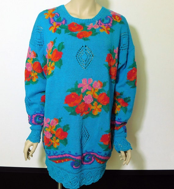 Vintage 80s Nancy Vale turquoise blue with bright… - image 1