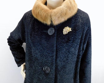 Vintage 50s/60s black Faux Persian lamb coat with mink collar,elegant 50s coat