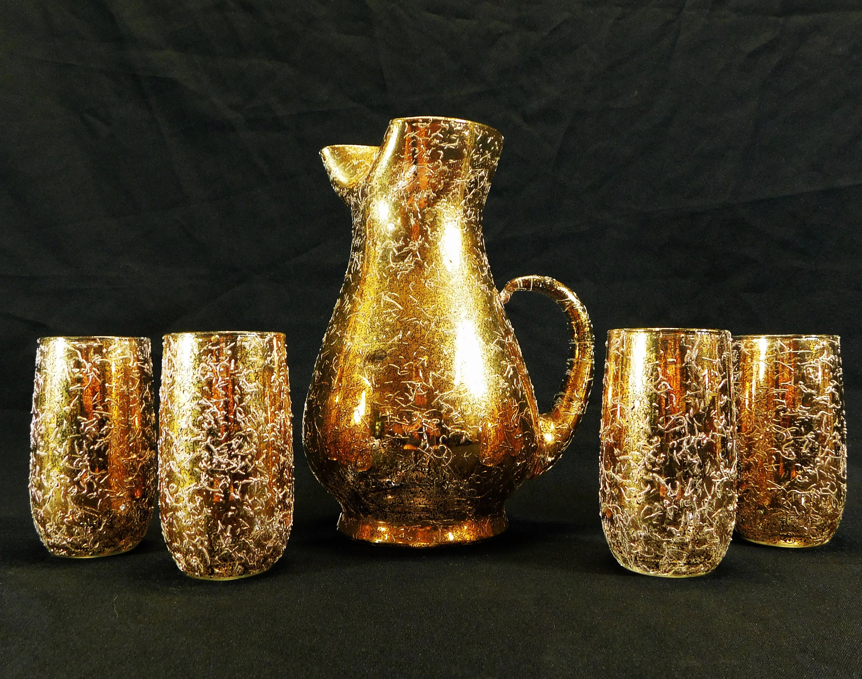 Vintage West Virginia Glass Golden Brocade Beverage Set: Mid