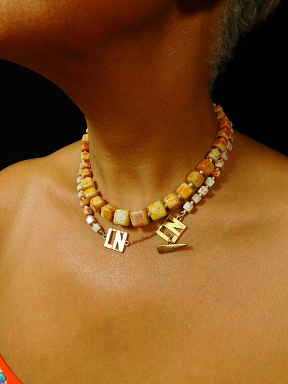 Vintage  Jasper cube stone necklace with LN logo … - image 7