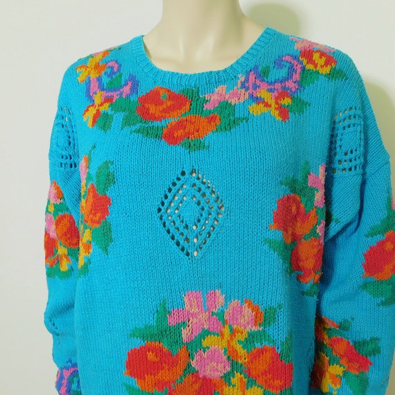 Vintage 80s Nancy Vale turquoise blue with bright… - image 3
