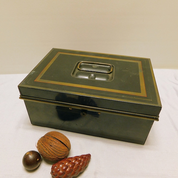 Antique Early 1900's Metal Bankers Box with Key, Cash Document Deed Box , Black metal box