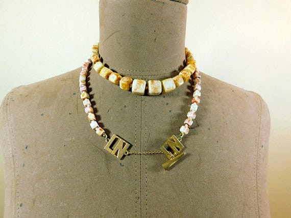 Vintage  Jasper cube stone necklace with LN logo … - image 4