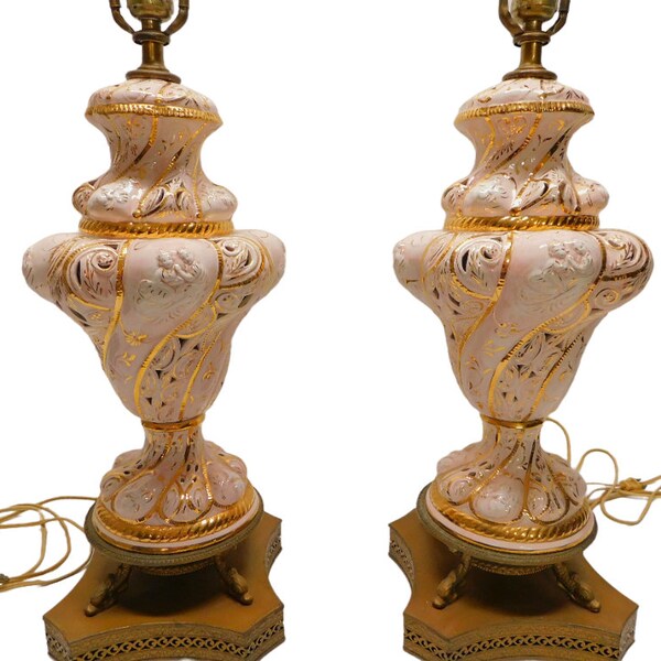 Vintage pair  Italian Capodimonte Pink & Gold  hand painted Cherub Table Lamps, Lighting, Fine Porcelain Pottery