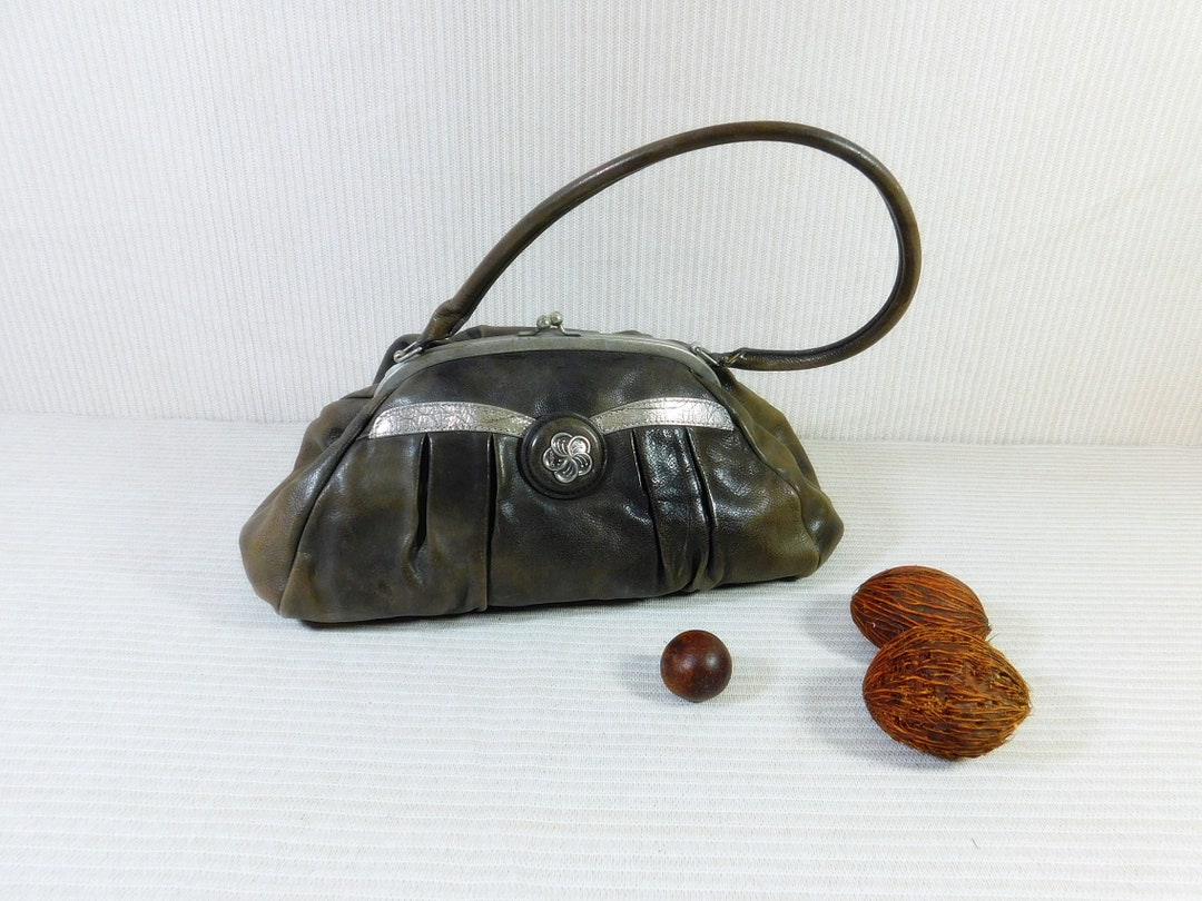 Vintage Kenzo Brown and Silver Metallic Top Handle Leather Satchel Hand