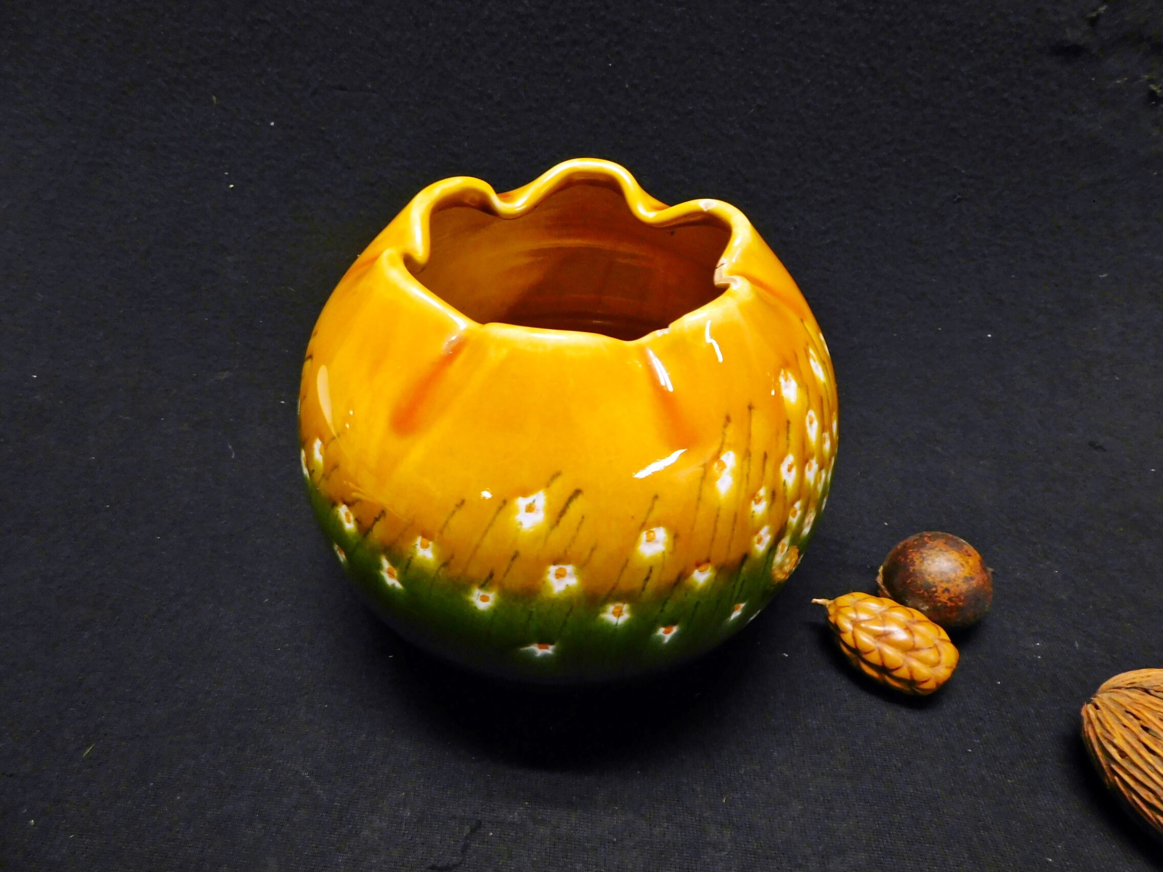 Vintage Mid-Century Italian Pottery Orb Vase: Avocado Green Floral Decor