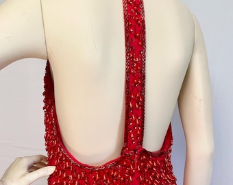 Beaded gown, Red Halter, Alyce Design, Size 12