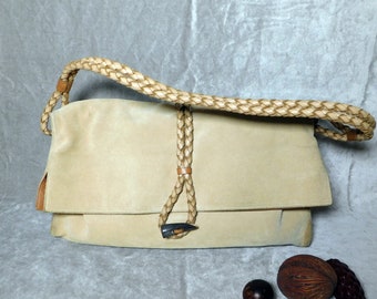 Vintage Burberry Haymarket Tan Suede Leather Braided Bag, Suede Haymarket Check Horn Toggle clasp Shoulder Bag