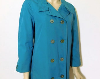 1960 Misty Harbor Double Breasted Turquoise Blue Rain Trench Coat, Water Resistant All Weather 60s Mod Coat