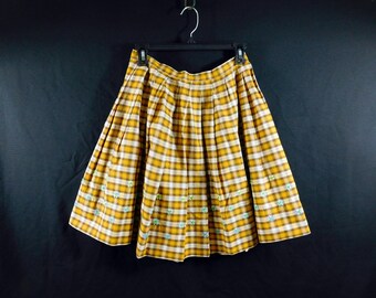 Vintage 60s mini skirt mustard plaid pleated cotton
