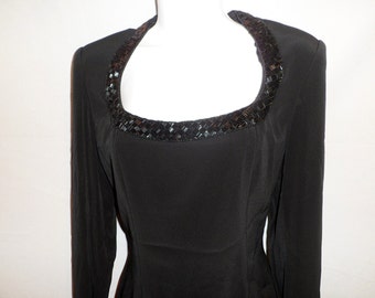 Vintage 80s Oleg Cassini Black Tie long sleeve black beaded dress short