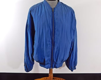 Vintage 1980s Blue Silk Bomber Jacket - Oversized Retro Fashion Outerwear, Unisex Classic Windbreaker