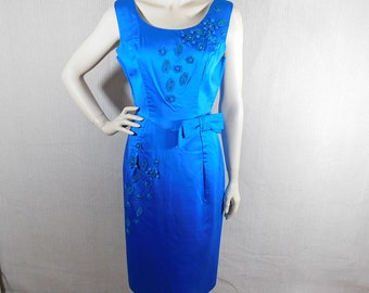 Vintage 50s-60s peacock blue embellished silk wiggle dress, cocktail dress,