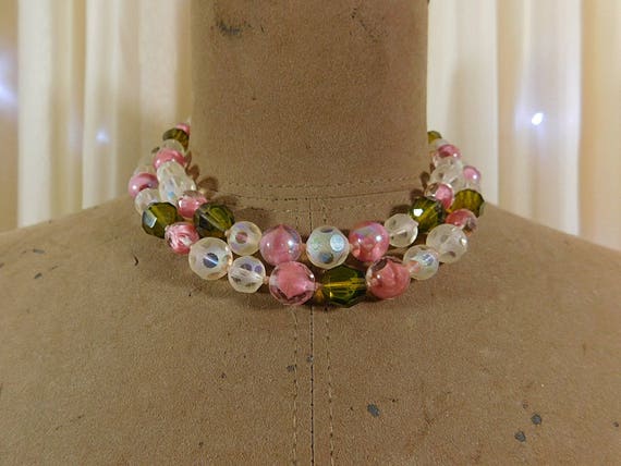 Vintage 50s  cut crystal necklace,pink and green … - image 6