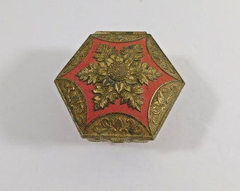 Vintage 1950-60s Japan Pierced Metal Footed Trinket Box, gold with red floral top, vintage ring box