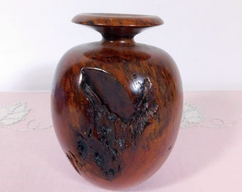 Vintage Handcrafted California Redwood Burl Turned Bud Vase With Glass Tube Insert, Muirwood Burl Wood Vase