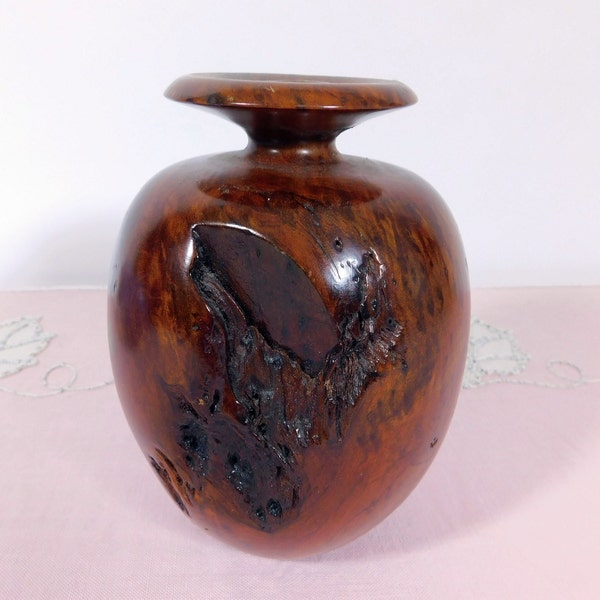 Vintage Handcrafted California Redwood Burl Turned Bud Vase With Glass Tube Insert, Muirwood Burl Wood Vase